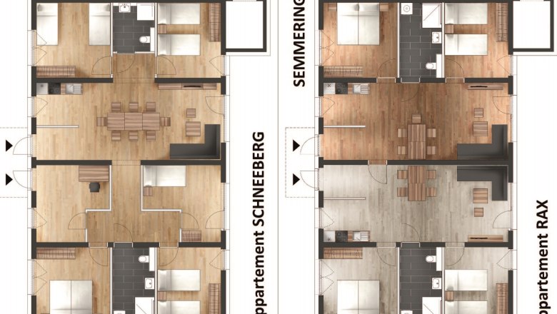 Floor plan of two vacation apartments with labels 'Appartement Schneeberg' and 'Appartement Rax'.