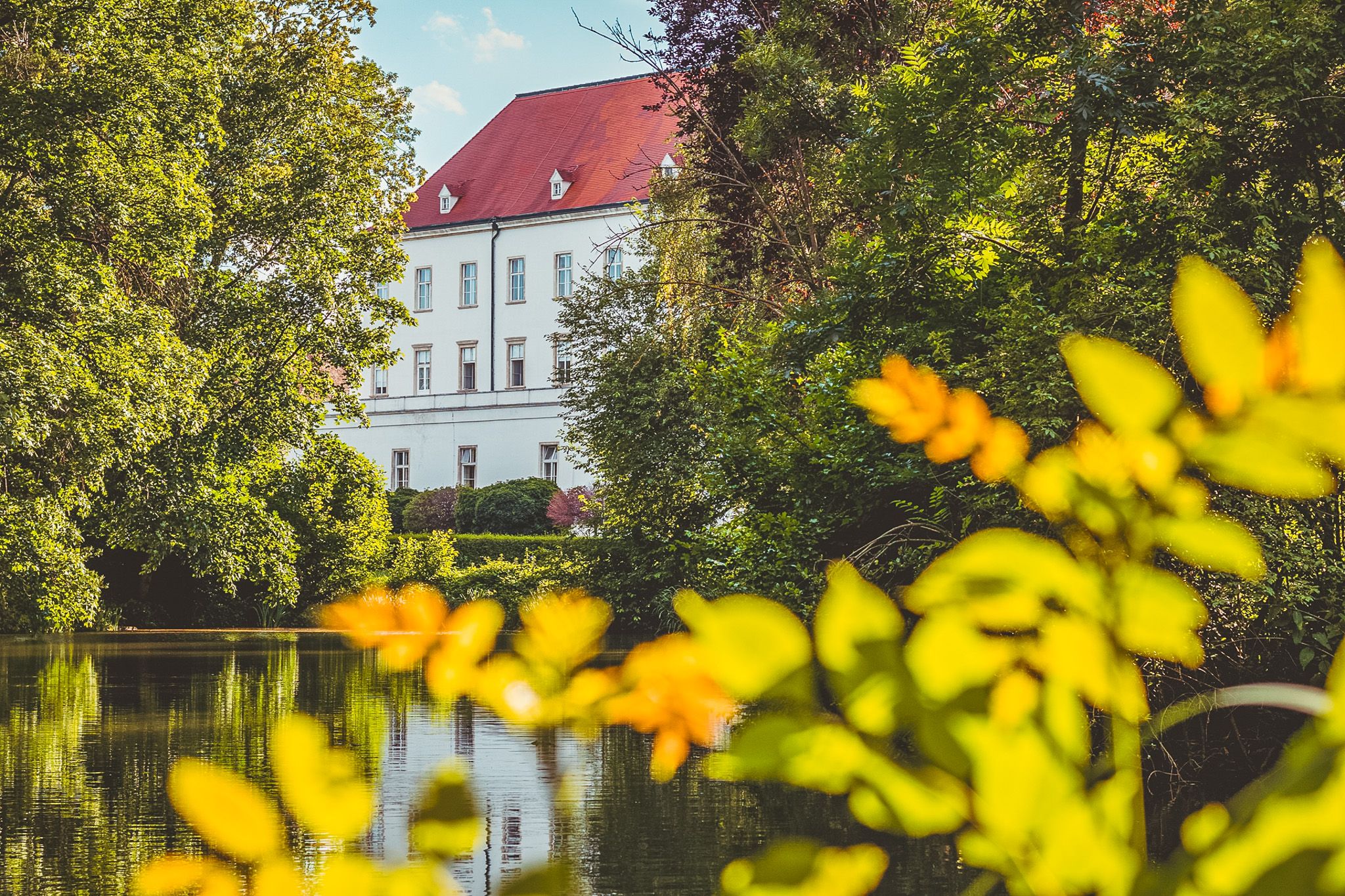 Blick durch den Wald auf die Militärakademie 