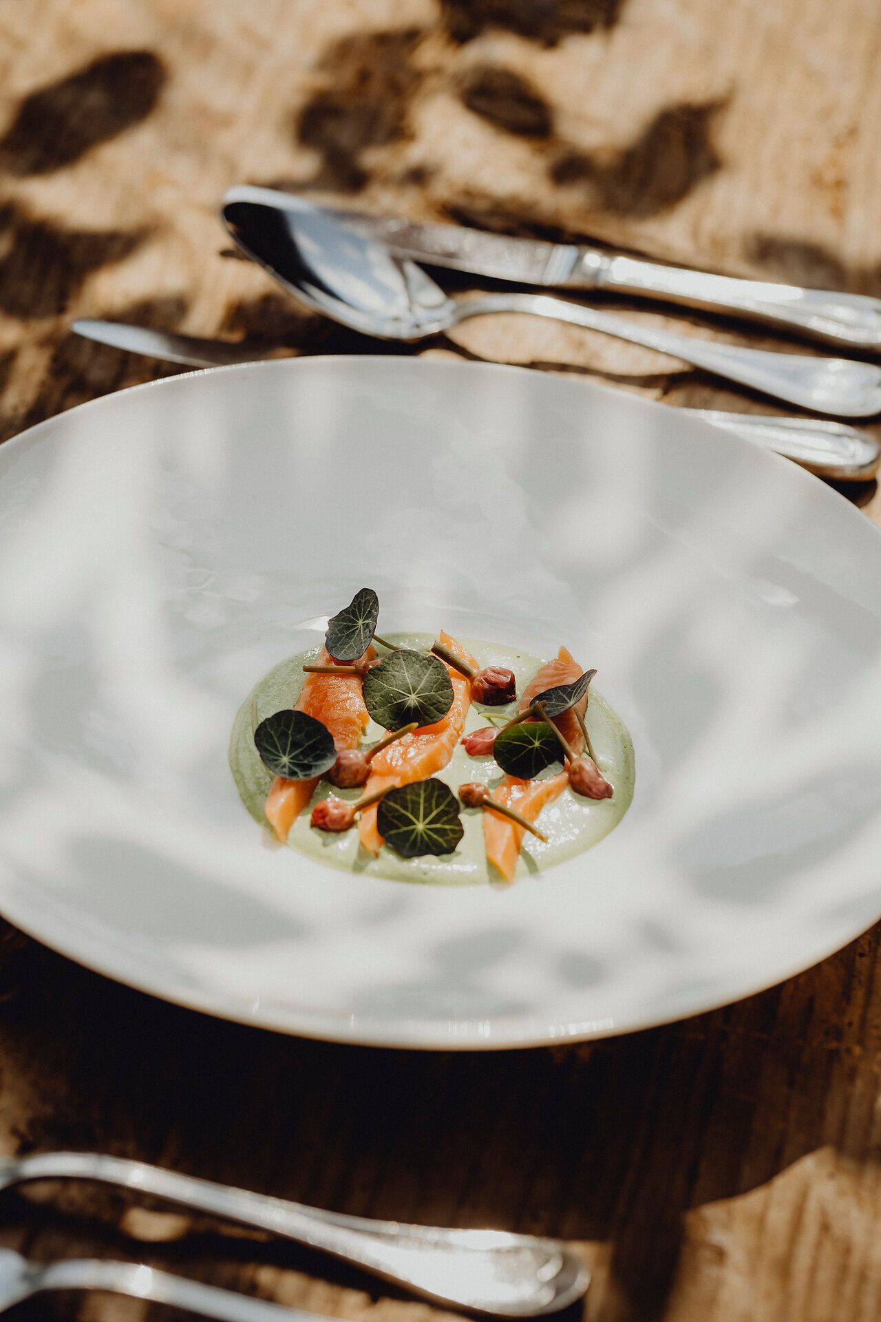 Ein kunstvoll angerichteter Teller präsentiert eine köstliche Lachsforelle, umgeben von frischer Kapuzinerkressecreme und zarten Schnittlauchknospen. Die harmonische Komposition aus Farben und Aromen lädt dazu ein, die kulinarischen Genüsse der Region zu entdecken und sich in der idyllischen Atmosphäre der Wiener Alpen zu verlieren.