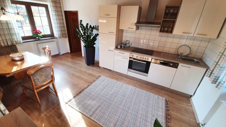 Helle Küche in einem Ferienhaus mit Esstisch, Stühlen, Pflanzen und moderner Ausstattung.