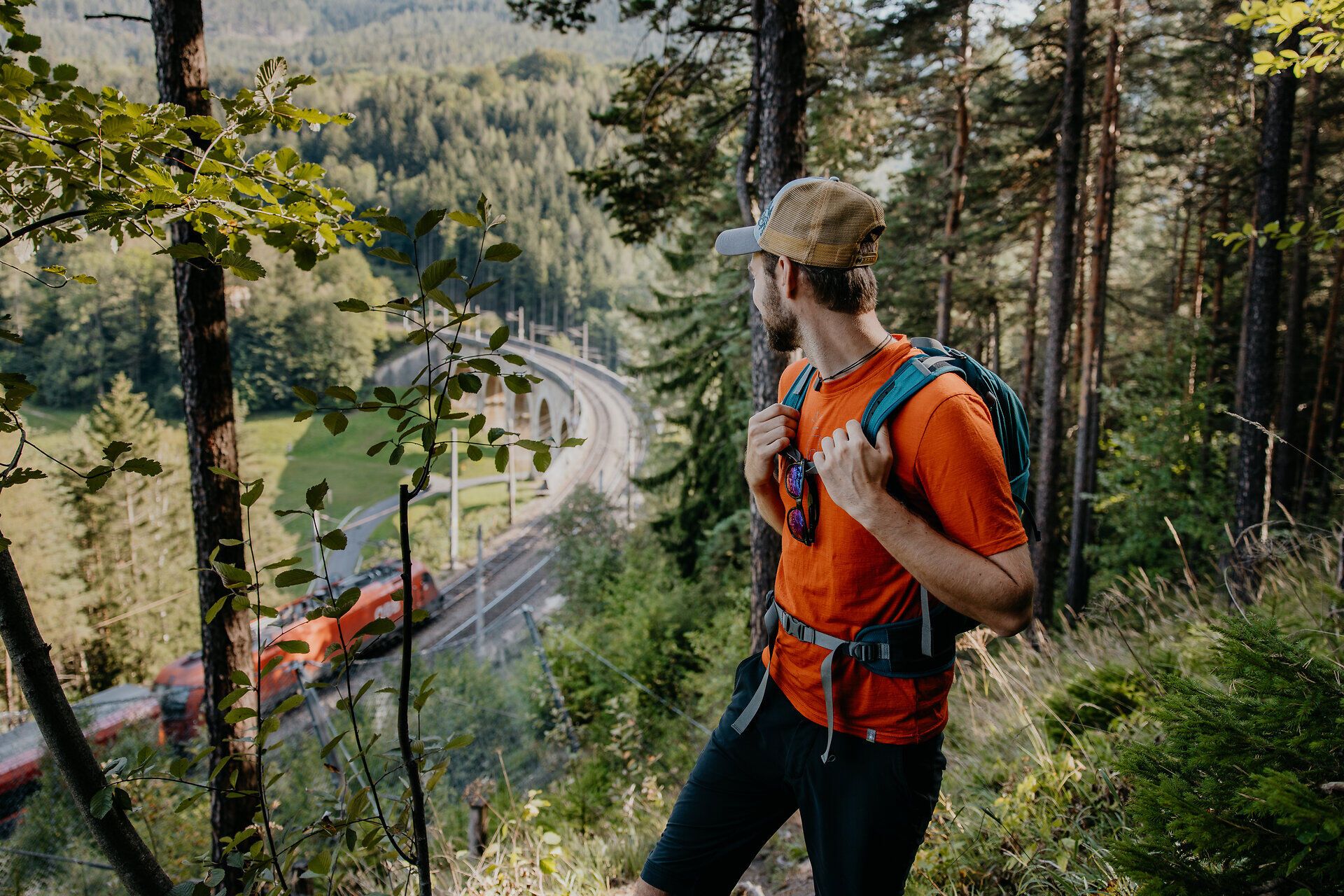 Ein Wanderer blickt auf einen Zug, der gerade über ein Viadukt fährt.