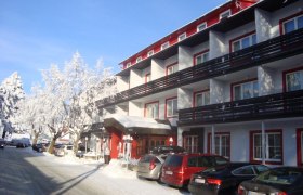 Winterliches Hotel mit verschneiten B&auml;umen und parkenden Autos.
