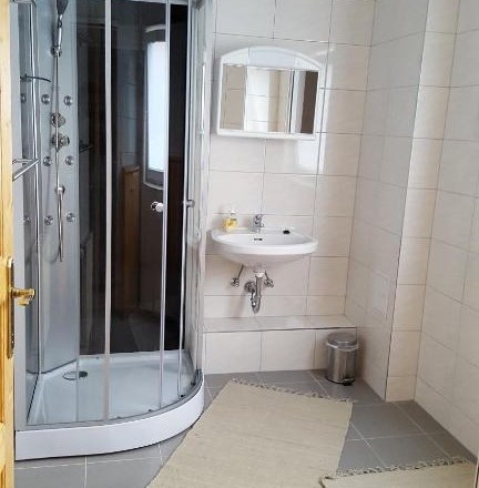 Modernes Badezimmer mit Dusche, Waschbecken und Spiegel.