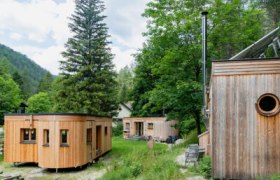 Drei kleine Holzhäuser in einer grünen Waldlandschaft.