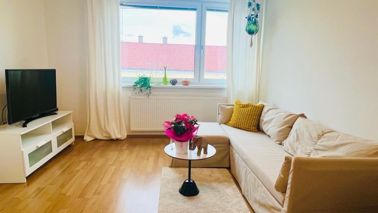 Helles Wohnzimmer mit Sofa, Couchtisch, Fernseher und Fenster mit Vorhängen.