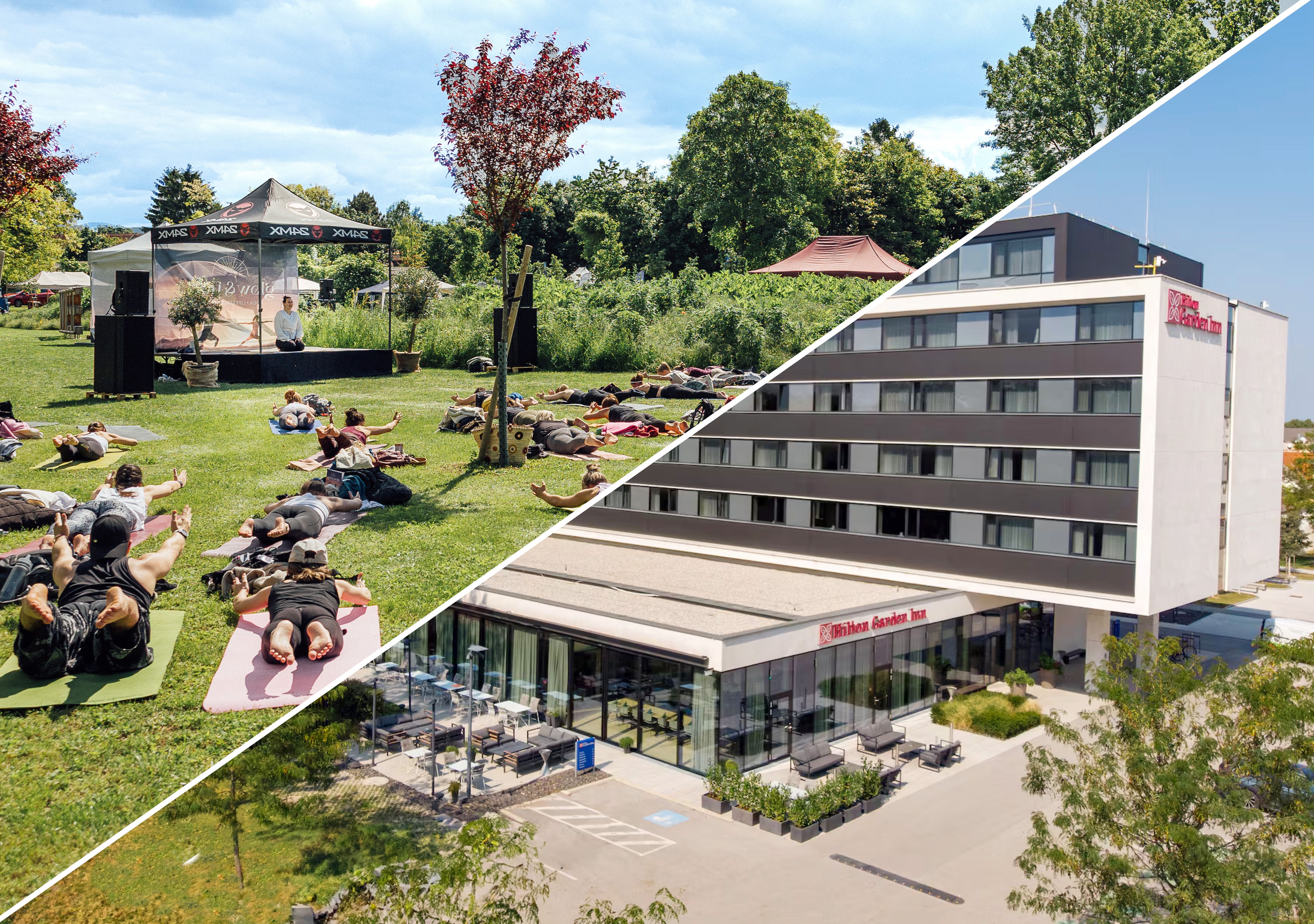 Picknickwiese mit Bühne und Personen, die davor Yogaübungen ausführen. Unten ein Foto der Außenansicht des Hilton Garden Inns mit Schanigarten und Parkplätzen.
