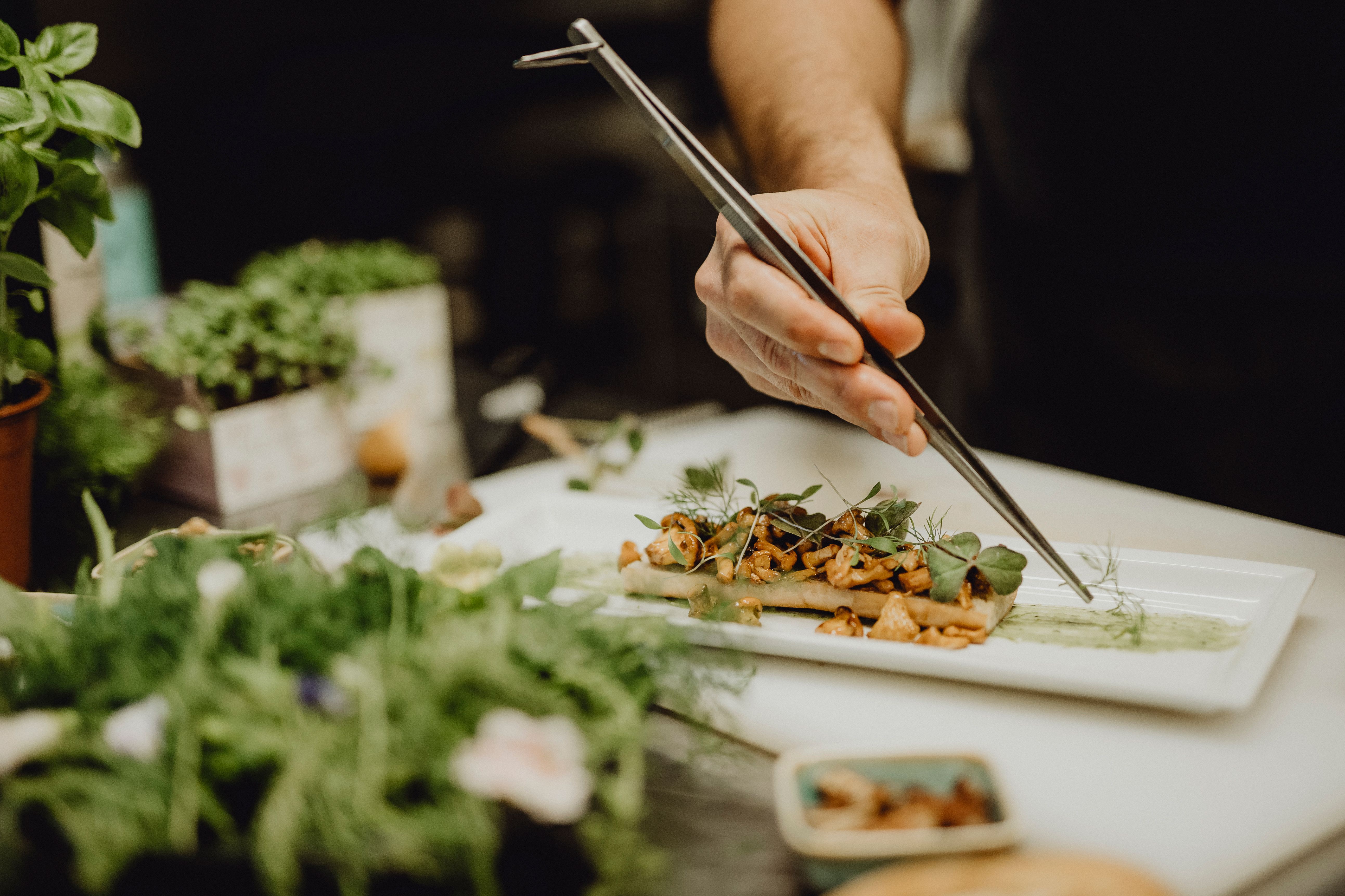 Eine hand garniert ein Gourmetgericht mit Kräutern.