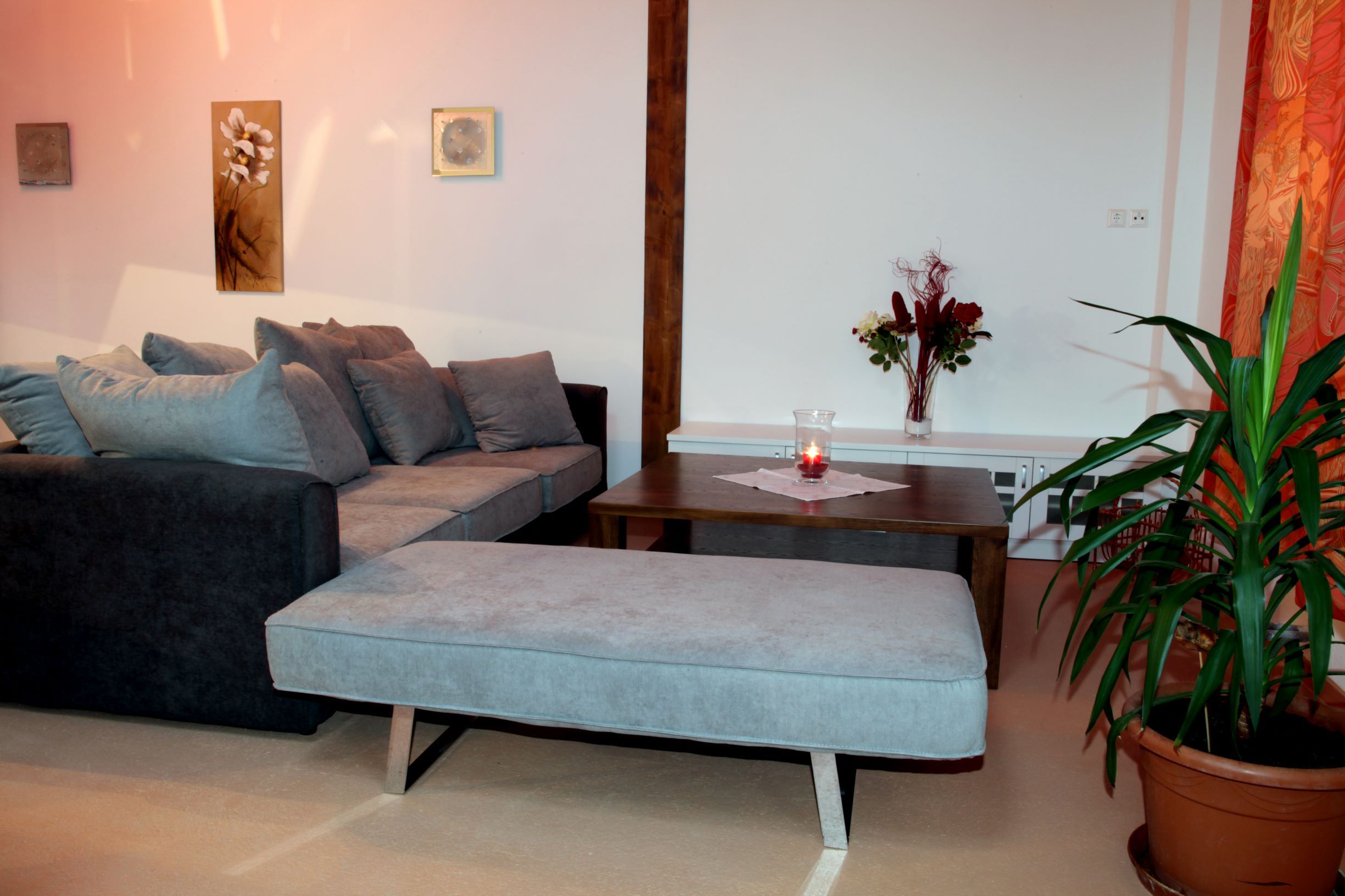 Ein modernes Wohnzimmer mit grauem Sofa, Couchtisch, Pflanzen und Wanddekorationen.