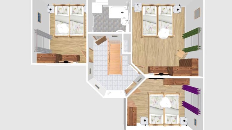 3D-Grundriss einer Ferienwohnung mit drei Schlafzimmern, Bad und Treppenhaus.