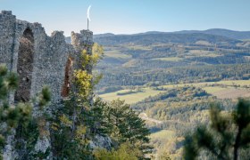 Ruine T&uuml;rkensturz von der Seite fotografiert mit Blick auf h&uuml;gelige Landschaft und W&auml;lder.