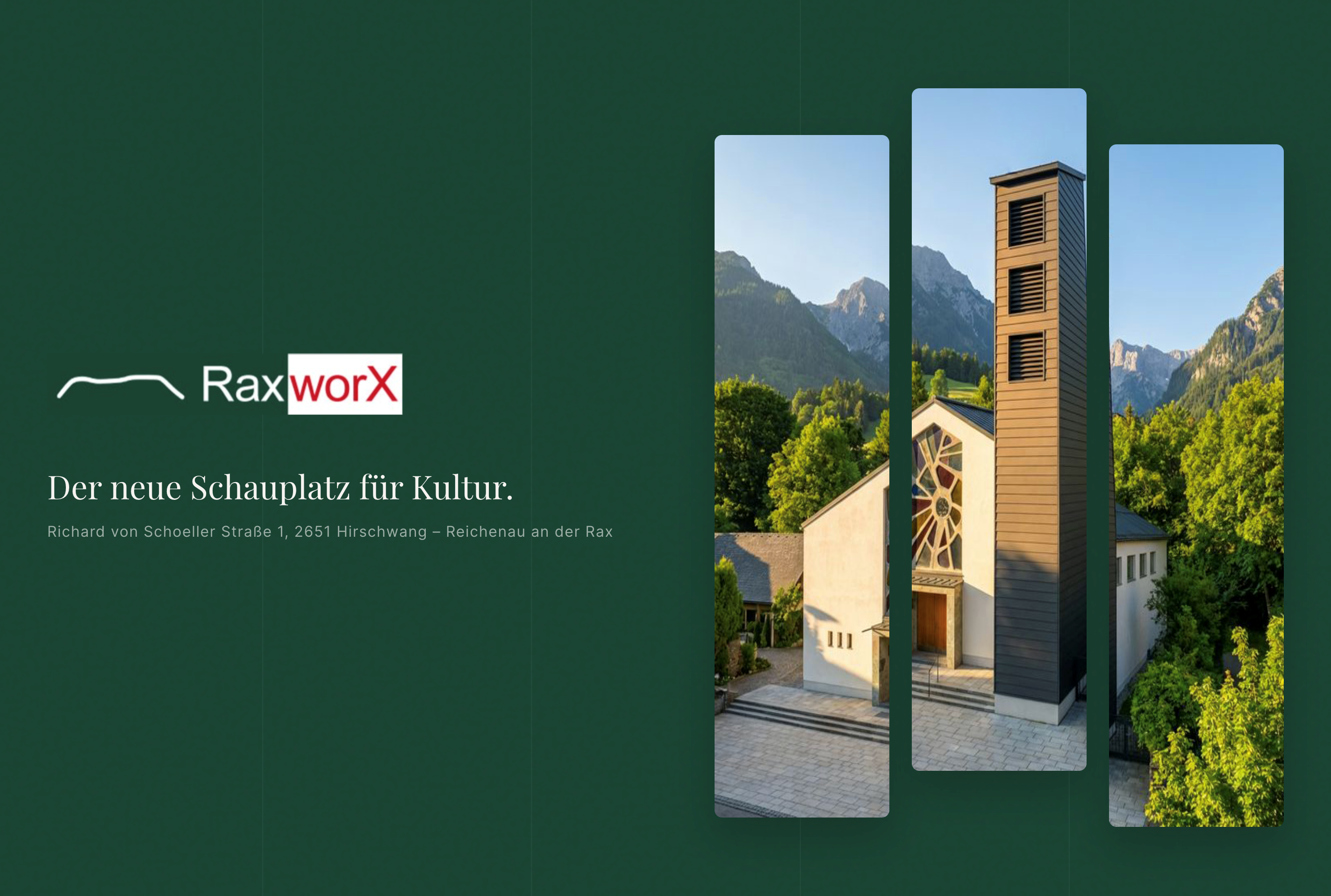 Ein modernes Kulturzentrum mit einem markanten Turm vor einer Bergkulisse, beworben als neuer Schauplatz für Kultur.