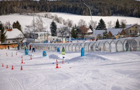 Skischule in St. Corona am Wechsel mit Kindern auf der Piste und Förderband.