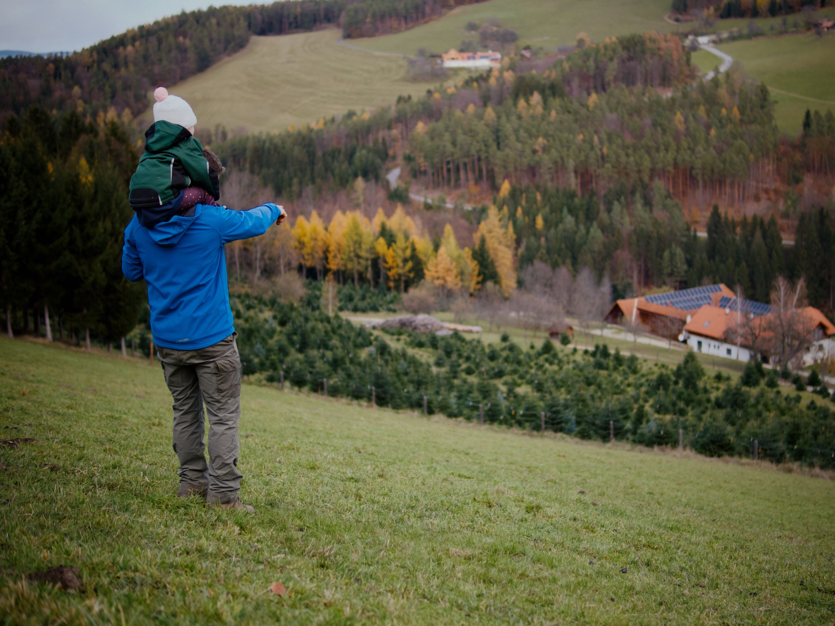A person in a blue jacket is carrying a child on their shoulders and looking out over a hilly landscape with forests, fields, and farmhouses.