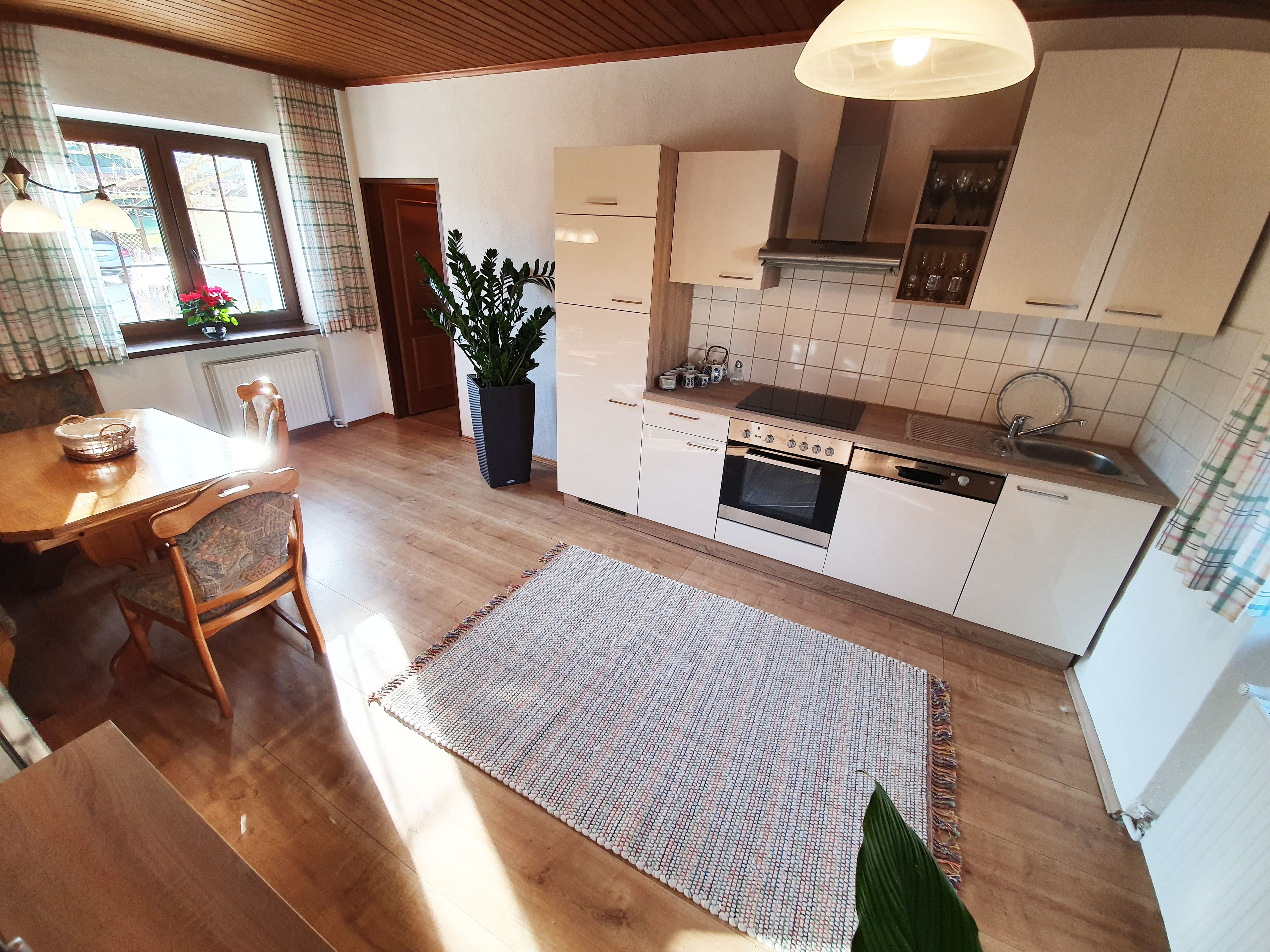 Helle Küche in einem Ferienhaus mit Esstisch, Stühlen, Pflanzen und moderner Ausstattung.