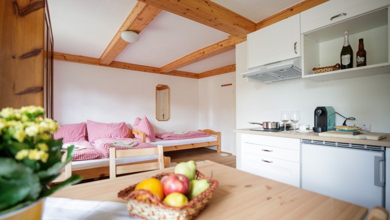 Cozy vacation apartment with wooden furniture, kitchen and sleeping area.
