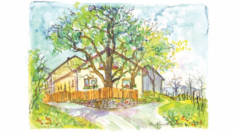 Watercolor of a traditional wine tavern with trees and garden.