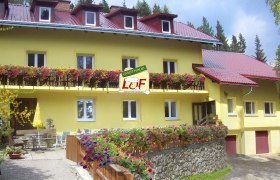 Gelbes Gasthaus mit roten Dächern und blühenden Blumen auf dem Balkon.