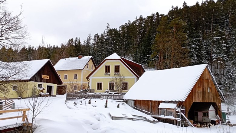 Verschneiter Bauernhof mit gelben Gebäuden und Holzscheune, umgeben von Wald.