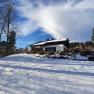 Winter landscape with a house in the snow, surrounded by trees and blue sky.