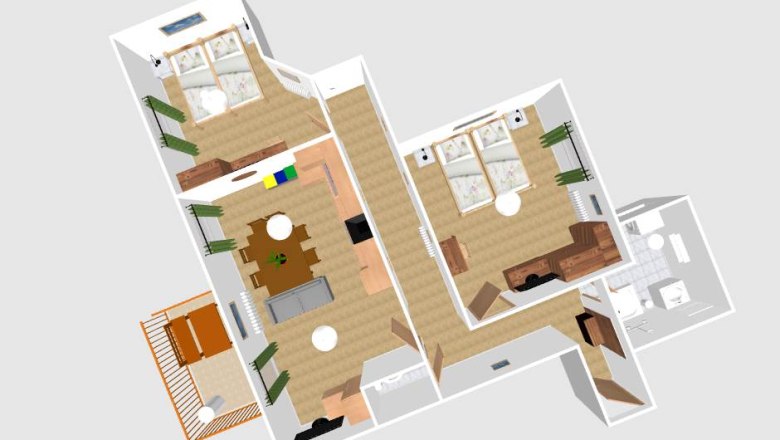 3D-Grundriss einer Ferienwohnung mit zwei Schlafzimmern, Wohnzimmer, Küche und Balkon.