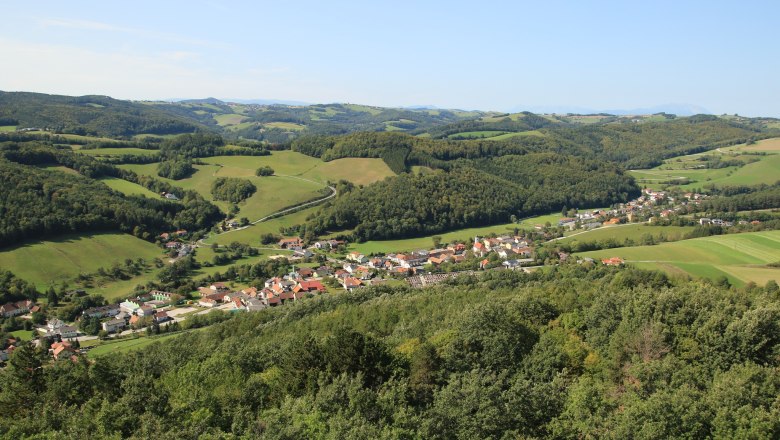 Panoramablick auf eine grüne Hügellandschaft mit einem Dorf im Vordergrund, aufgenommen vom Johann Giefing Aussichtsturm.